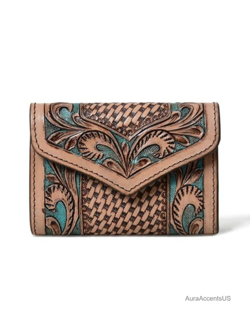 Western Tooled Leather-Style Trifold Wallet Floral Handcrafted Clutch Purse